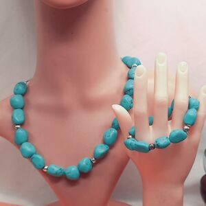 STERLING SILVER Faux Turquoise Bead Necklace Bracelet